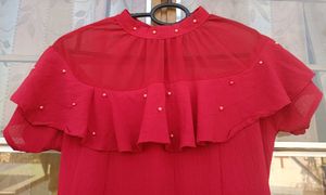 Red Ruffled Sheer Neck Dress