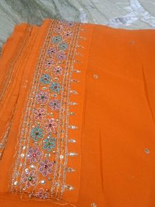 Orange Floral Embroidered Sari