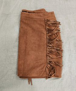 Fringed Brown  leather Skirt golden top combo.