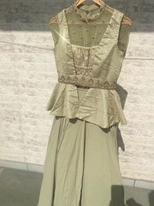Green Embellished Gown With Jacket, Belted Look