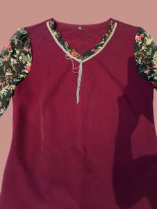 Stylish Maroon Dress with Floral Sleeves