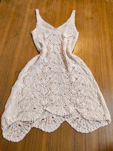 Cream Crochet CoverUp Mini Dress with a V-neckline