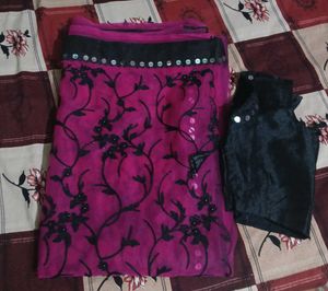 Pink &amp; Black Embellished Saree with Blouse