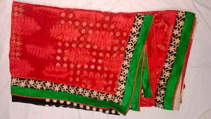Red & Green Embroidered Saree