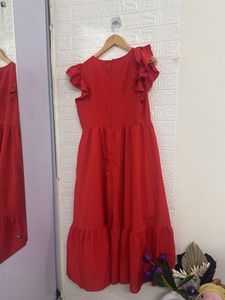 Red Ruffle Sleeve Midi Dress
