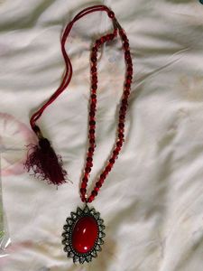 Red Beaded Necklace &amp;  Floral Hair Clip