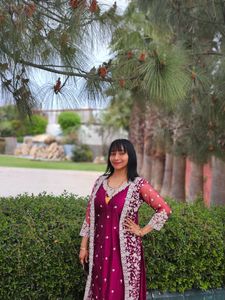 A Festive Wear Long Suit With Shrug, Pant &amp; Dupata