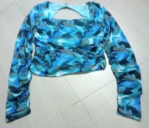 Blue Print Ruched Long Sleeve  Mesh Top