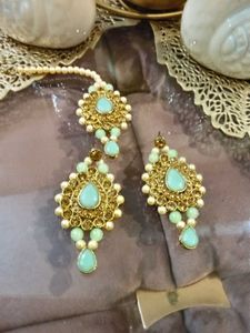 Elegant Green Earringswith Maangtika