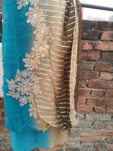 Chiffon Saree Blue And Cream Colour