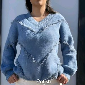 New With Tag Korean ruffled Stylish Blue Knit Swea
