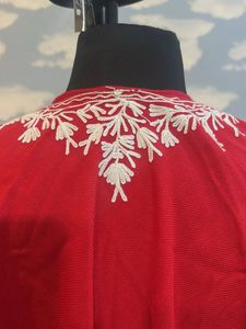 Red Kashmiri Embroidered Poncho with Fur Trim