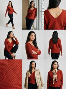 Cotton Red Ribbed Turtleneck Sweater Top Women