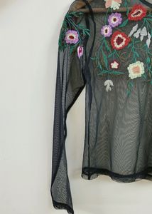 Black Floral Embroidered Mesh  Top