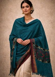Teal Green Embroidered Shawl with Floral Border