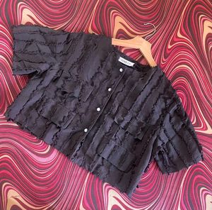 Kerr-Cig Black Ruffle Button Down Korean Top