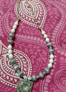 Pearl &amp; Silver Necklace With Grey Earrings