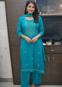 Teal Embroidered Kurta Set Handstiched