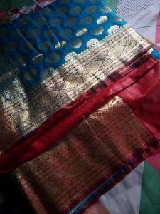 Blue &amp; Red Katan Benarasi Heavy Saree