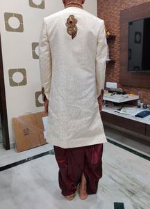 Men Sherwani Dhoti Stitched Set -Offwhite &amp; Maroon