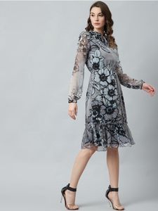Grey Floral Flared Dress