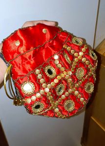 Red &amp; Gold Beaded Evening Bag potli