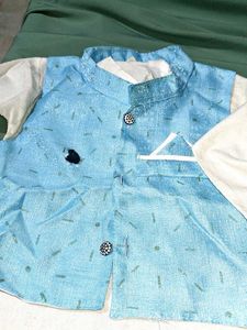 Traditional White Kurta Pajma With Sky Blue Jacket