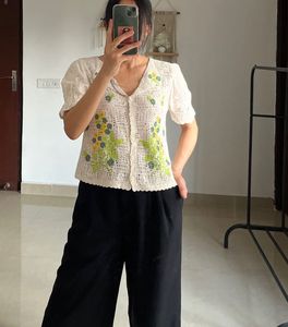 Crochet Yellow Floral Embroidered Cotton Top