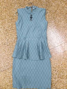 Blue Diamond Pattern Peplum Dress