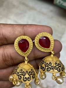 Red Stone Jhumka Earrings