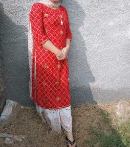 Red Printed Kurti with Patiala Pants