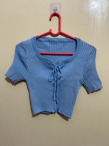 Blue Ribbed Tie-Front Top