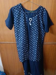 Navy Floral Kurta Jacket Attached - XL