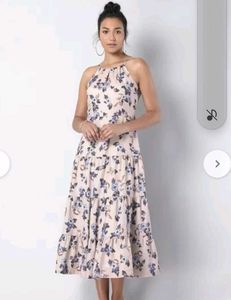 FabAlley Beige Floral Print Maxi Dress halter neck