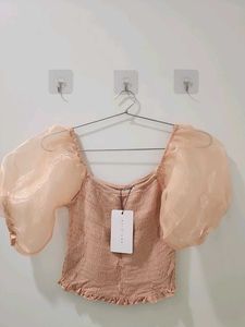 Sale Cute Korean Chic Organza Puff Sleeve Top
