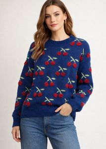 Imported Cherry Patterned Woven Festive Pullover