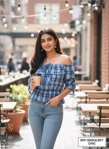 Blue Plaid Off-Shoulder Top