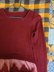 Burgundy Knit Top with Lace Details