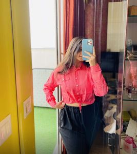 Coral Cropped Tie-Front Shirt