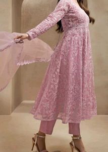 Embroidered Anarkali Kurta With Trousers &amp; Dupatta