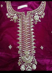 Magenta Velvet Embroidered Kurta Set