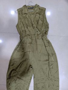 Zara Olive Pleated Sat in Jumpsuit