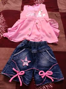 Girls Pink Dress & Denim Shorts Set