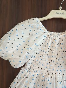 White Heart Print Puff Sleeve Dress