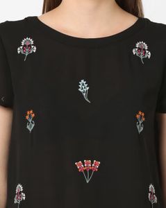 Black Floral Embroidered Short Sleeve Top