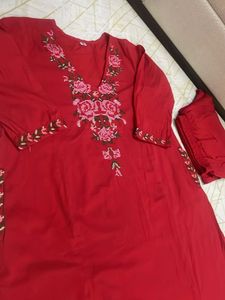 Red Embroidered Aline Kurta Set with plazzo