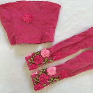 3D Rose Satin Corset Tube Top with Net Gloves