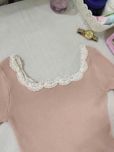 Blush Pink Top With Lace Neck