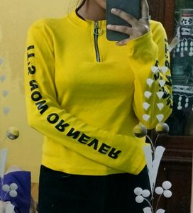 Beutiful Full Sleeves High Neck Top In Lemon Yello