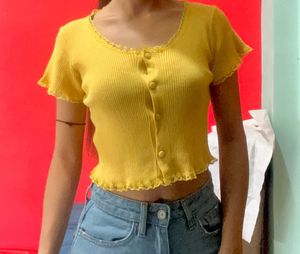 Yellow Ribbed Lace Trim Top